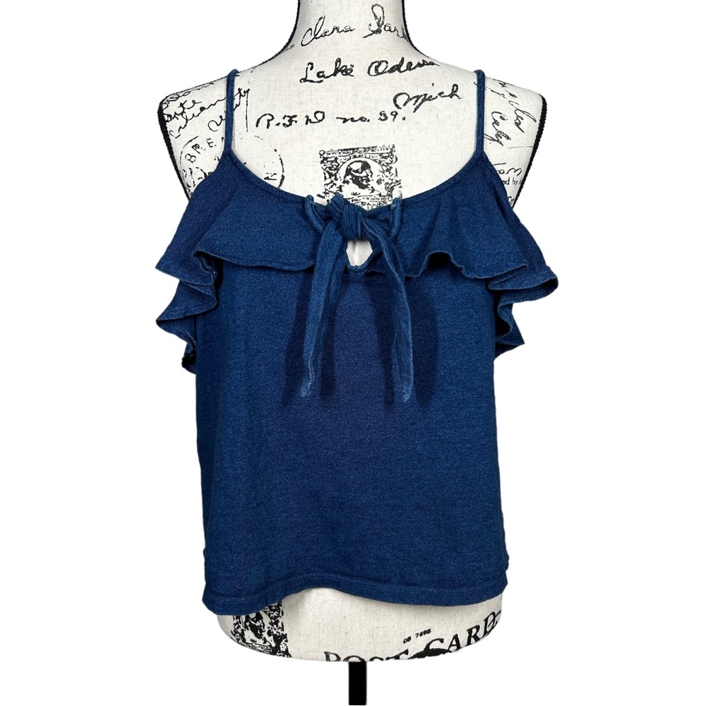 Mango Denim Keyhole Ruffle Tie Front Tank Top